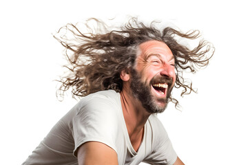 A Caucasian man enjoying a leisurely bike ride, the wind in his hair and a smile on his face, isolated on perfect white background. Generative AI