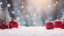 Red Christmas Balls On Snow With Copy Space