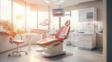Modern Dental Clinic, Dentist Chair And Other Accessories Used By Dentists In Medical Light And Clean Art
