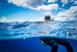 Fototapeta Do akwarium - Half and Half Shot of a Scuba Diver on the Ocean Surface