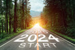 © Dee karen - New year 2024 or 2024 planning concept of success beginning. Text 2024 written on the middle of paved road with sunset. New year plan, goals, challenges, resolutions.