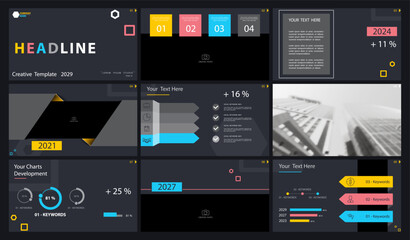 Business presentation template. Set, design elements of infographics, black background. Flyer, postcard, corporate report, powerpoint, advertising, banners. Slideshows, brochures, annual report. Vecto