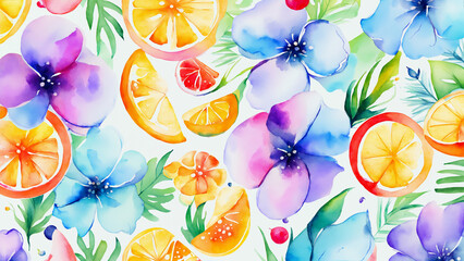 Poster - Pattern with watercolor flowers and fruits. Hand-drawn illustration.