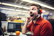 © Nataliia - Office worker with Wearing Headset Talking To Caller In Customer Services Centre with manifestation of stormy joy, happiness, euphoria. Generative Ai content.