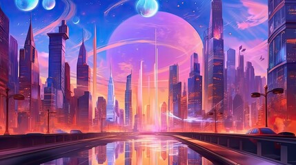 Wall Mural - A futuristic abstract cityscape with holographic buildings and flying vehicles. Colorful illustration art. Generative AI
