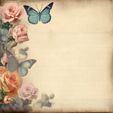 Vintage Background With Frame And Roses With Beautiful Butterfly