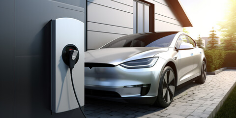 Canvas Print - Universal electric car charging from a wall box on a modern residential building.