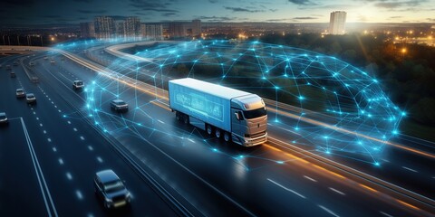 Poster - Delivery of goods on a large truck, transportation, artificial intelligence. independent driving.