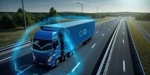 Poster - Delivery of goods on a large truck, transportation, artificial intelligence. independent driving.