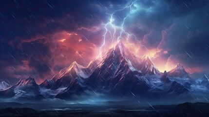 Wall Mural - A dramatic stormy sky with lightning bolts illuminating a rugged mountain range. Colorful illustration art. Generative AI