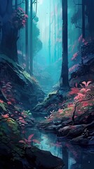 Wall Mural - A moody and atmospheric abstract forest with misty layers and deep, rich hues, exuding a sense of mystery and enchantment. Colorful illustration art. Generative AI