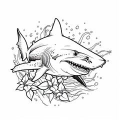 Shark animal line art illustration. Black and white coloring page style art. Generative AI