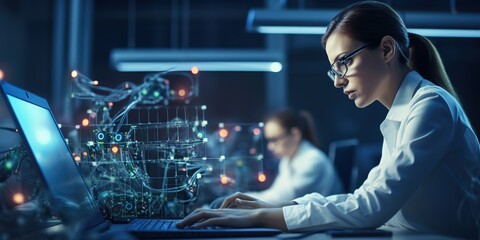 Leinwandbilder - Young woman scientist, robotics engineer using laptop computer for work.