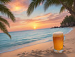 © Pathum Dilshan - A glass of beer on a beach with coconut trees, as the sun sets. A serene and picturesque setting to unwind and savor.