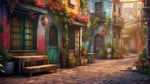 A Charming European Village With Cobblestone Streets And Colorful Medieval Architecture. Colorful Illustration Art. Generative AI
