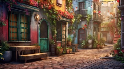 Wall Mural - A charming European village with cobblestone streets and colorful medieval architecture. Colorful illustration art. Generative AI