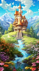 Wall Mural - A dreamy fairytale castle on a hill surrounded by blooming fields of flowers. Colorful illustration art. Generative AI