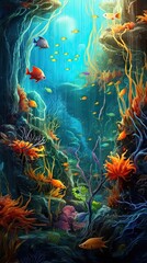 Wall Mural - An abstract underwater world with swirling currents and vibrant marine life, exuding a sense of exploration and wonder. Colorful illustration art. Generative AI