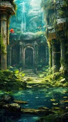 Wall Mural - An ancient ruins site with moss-covered stones and overgrown vegetation. Colorful illustration art. Generative AI