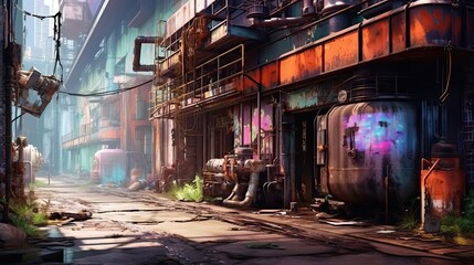 Wall Mural - An abstract industrial landscape with metallic structures and gritty textures, conveying a sense of urban decay and resilience. Colorful illustration art. Generative AI