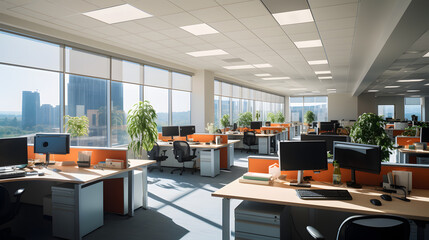 A call center - office - sleek workstations, and a bright, inviting atmosphere. Expansive space, serense vibe. Computers, bureau, data. - Generative AI