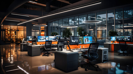 A call center - office - sleek workstations, and a bright, inviting atmosphere. Expansive space, serense vibe. Computers, bureau, data. - Generative AI