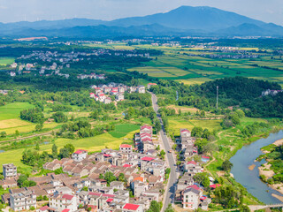 Sticker - Overlook of Chinese rural houses and river scenery