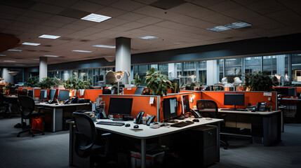 A call center - office - sleek workstations, and a bright, inviting atmosphere. Expansive space, serense vibe. Computers, bureau, data. - Generative AI