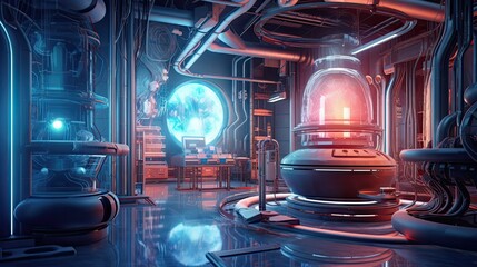 Wall Mural - A futuristic abstract laboratory with glowing scientific equipment and holographic displays, exuding an atmosphere of technological advancement and discovery. Colorful illustration art. Generative AI