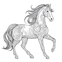 Wall Mural - Horse animal line art illustration. Black and white coloring page style art. Generative AI