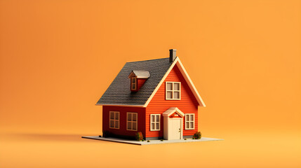 Wall Mural - a small house model on orange background with copy space 