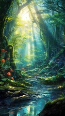 Wall Mural - A dense forest with tall, vibrant green trees and rays of sunlight filtering through the leaves. Colorful illustration art. Generative AI