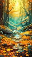 Wall Mural - A serene autumn forest with golden leaves falling gently to the forest floor. Colorful illustration art. Generative AI
