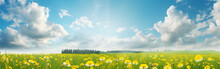 Beautiful Field With Yellow Flowers With Beautiful Blue Sky Background With Sun