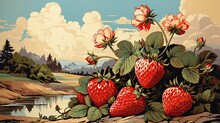 Strawberries Fruits Vintage Art Illustration. Natural Eco Food Design. Generative AI
