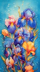 Wall Mural - Watercolor Iris flower illustration. Colorful painting floral background. Generative AI