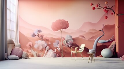 Wall Mural - An ethereal and dreamlike abstract landscape with soft, blurred forms and a muted color scheme, imbuing a sense of mystery and tranquility. Colorful illustration art. Generative AI