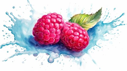 Wall Mural - Watercolor style Raspberry fruit in colorful style illustration. Natural food painting art. Generative AI