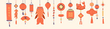 Asian Decorations, Hanging Paper Ornaments Set. Red Holiday Lanterns, Festive Pendant Lamps, Chinese Scrolls. Traditional Oriental Decor With Strings, Tassels. Isolated Flat Vector Illustrations