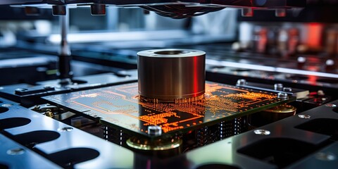 Fototapete - Close-up of a silicon crystal being removed from a semiconductor wafer, Semiconductor packaging process.