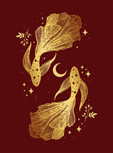 Hand Drawn Illustration Of Gold Two Fish Isolated On Dark Red Background. Astrological Zodiac.