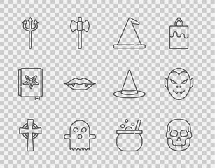 Wall Mural - Set line Tombstone with cross, Skull, Witch hat, Ghost, Neptune Trident, Vampire teeth, Halloween witch cauldron and icon. Vector