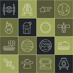 Wall Mural - set line mars rover, satellite, falling star, astronomical observatory, robot, cosmic ship and sun i