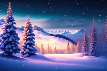 Wall Mural - Beautiful winter landscape with fir trees in a snowy forest in the evening at sunset. AI generated.