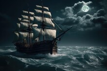 Sailing Old Ship In A Storm Sea In The Background, AI
