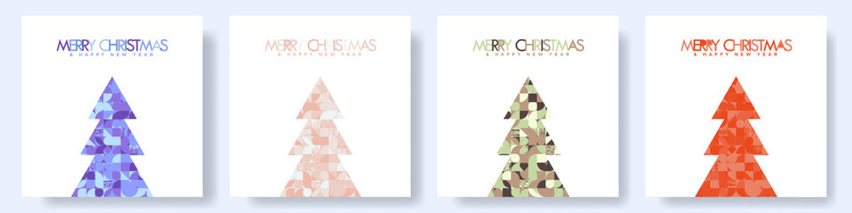 Wall Mural - Set of Modern Christmas Card Designs with Geometric Christmas Trees and typography. Simple Geometric Xmas Card Poster templates on white background. Editable Vector Illustration. EPS 10.