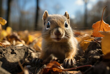 Funny Chipmunk Brings A Burst Of Laughter To The Autumn Scenery As It Gleefully Plays With Fallen Leaves, Creating A Charming Spectacle Of Playful Mischief