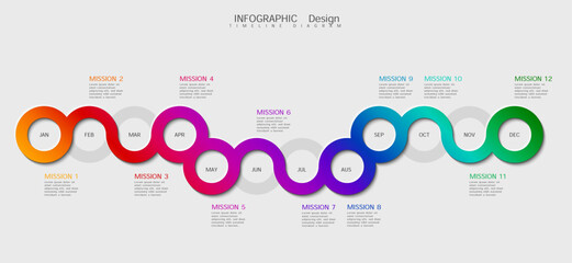 12 month calendar design concept, modern timeline, infographic template for business.Can be used for presentations, flowcharts, diagrams, signs. Vector illustration.