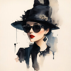 Wall Mural - Portrait of a woman with hat, shades of black color, watercolor art