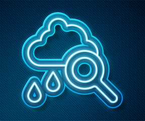 Sticker - Glowing neon line Cloud with rain icon isolated on blue background. Rain cloud precipitation with rain drops. Vector